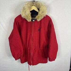 Vintage Northern Sun Red Wool Parka Real Fur Hood Embroidered Women M Wool Inuit